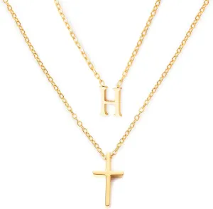 18k Gold Initial and Cross Layered Necklaces for Women Dainty Christian Jewelry Personalized Name Necklace Christian Gift for Her Friendship Elegant Gold Necklace for Women