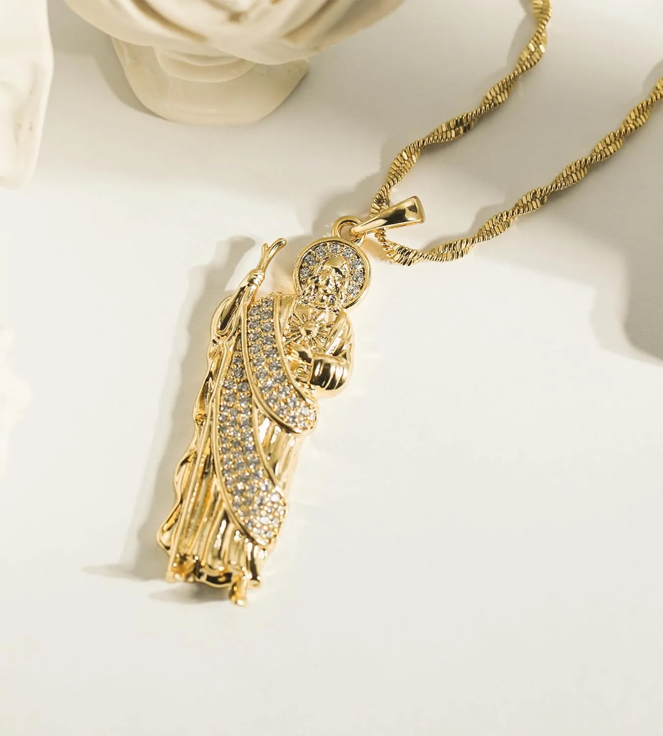 18K Gold Plated San Judas Pendant Necklace for Women Catholic Religious Christian Jewelry for Her