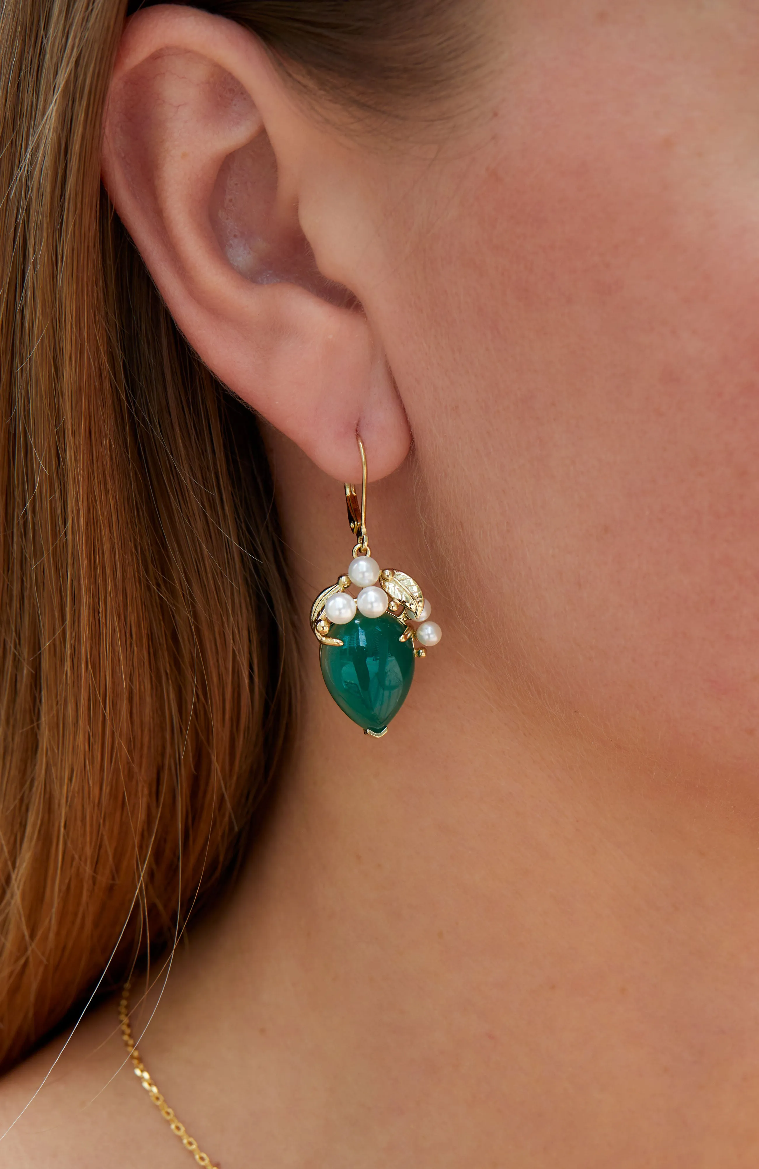 18K Gold Vermeil Green Onyx And Pearl Drop Earrings