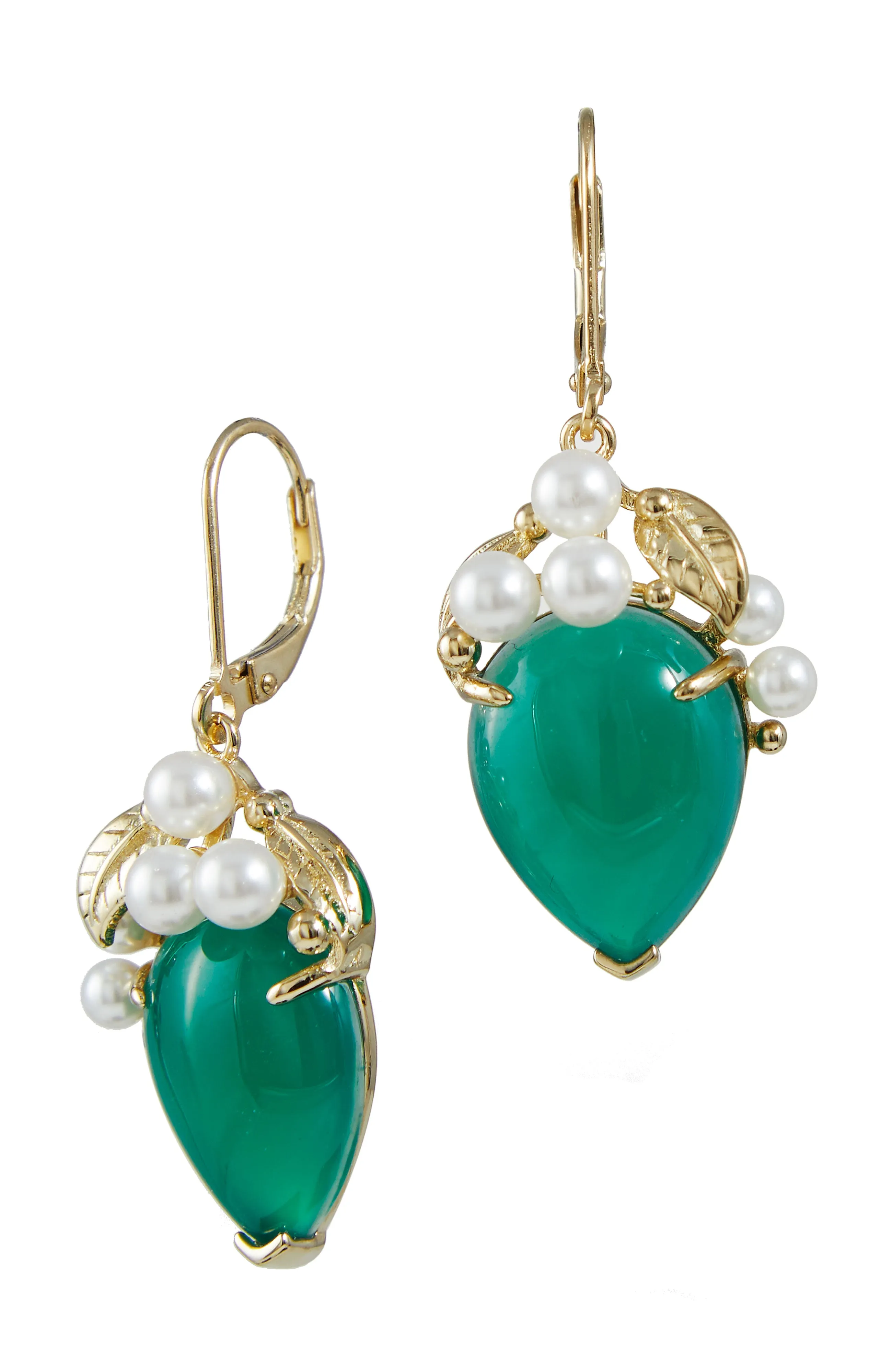 18K Gold Vermeil Green Onyx And Pearl Drop Earrings