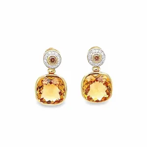 18k Yellow Gold Cushion Citrine and Diamond Bezel Halo Earrings (8.36ctw.)