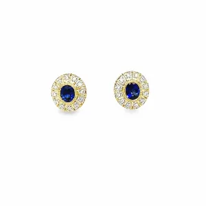 18k Yellow Gold Oval Sapphire and Diamond Halo Stud Earrings (0.95ctw.)