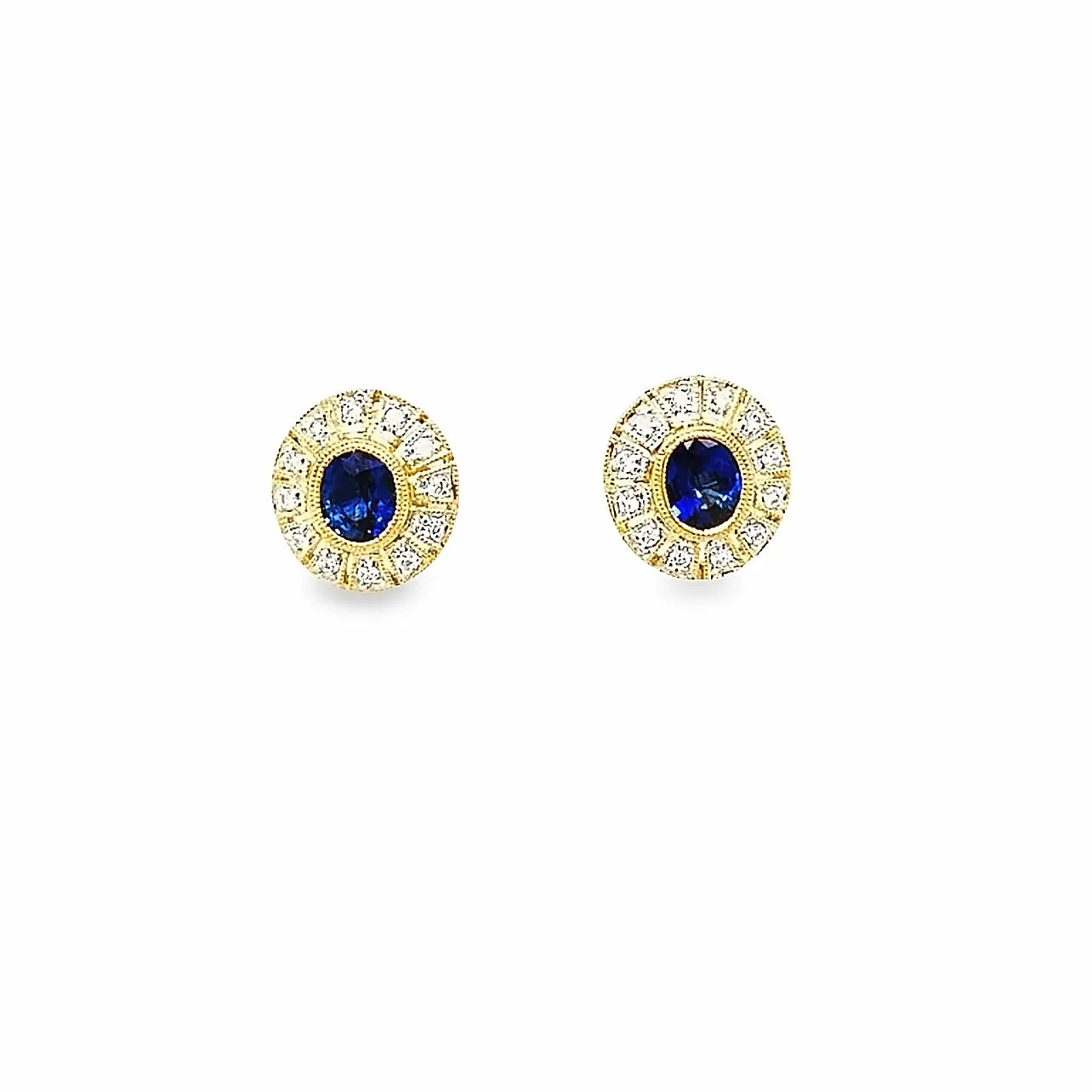 18k Yellow Gold Oval Sapphire and Diamond Halo Stud Earrings (0.95ctw.)