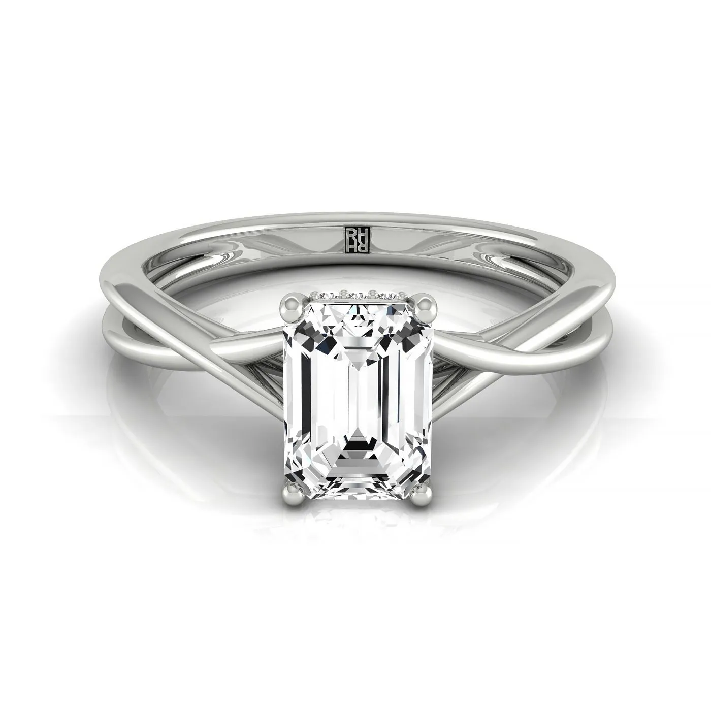 18kw Emerald Twisted Shank Hidden Halo Solitaire Engagement Ring With 16 Prong Set Round Diamonds Sz 7.5