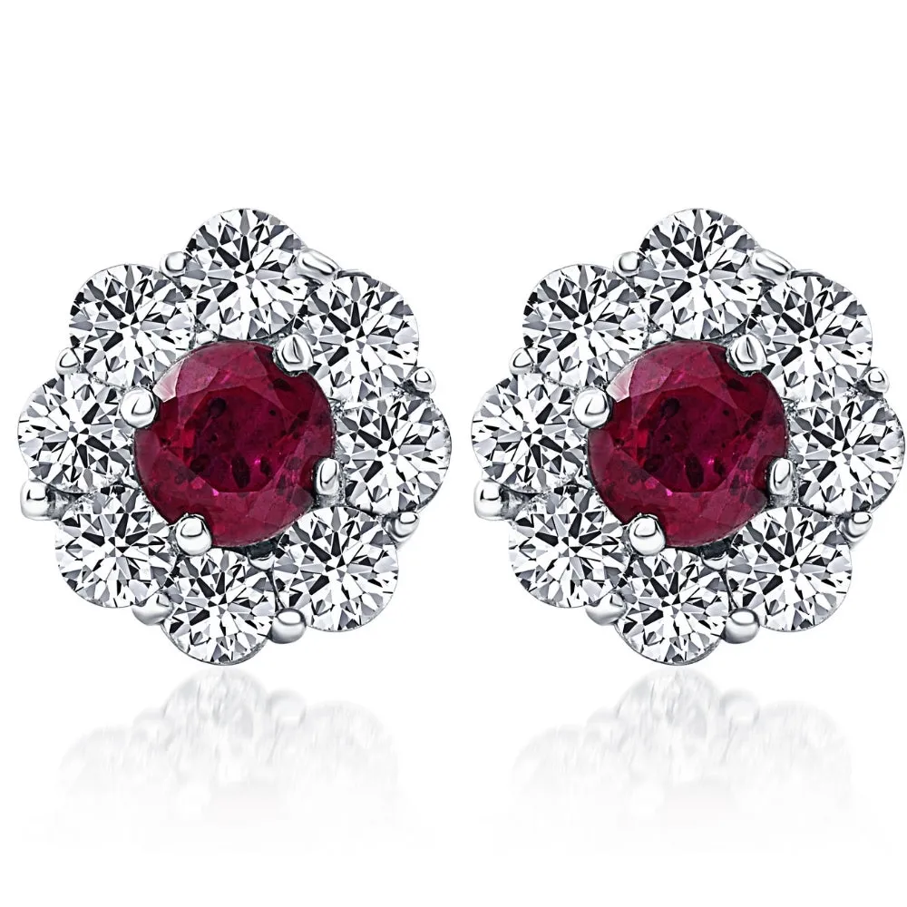 2 1/2ct Genuine Ruby & Diamond Halo Studs Earrings 14K White Gold