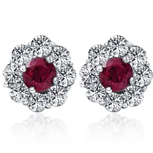2 1/2ct Genuine Ruby & Diamond Halo Studs Earrings 14K White Gold