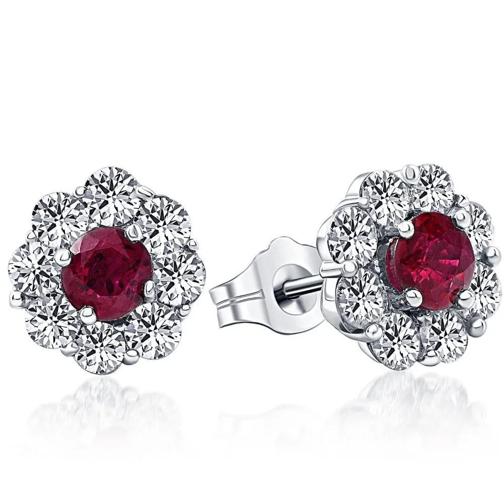 2 1/2ct Genuine Ruby & Diamond Halo Studs Earrings 14K White Gold