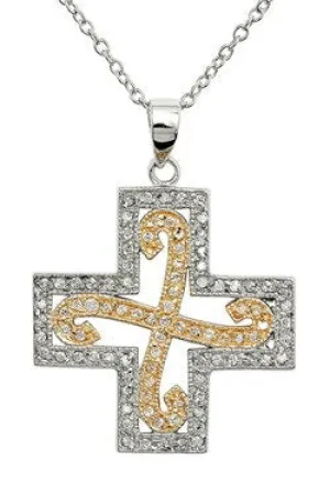 2 Tone CZ Cross 16" Necklace 925 Sterling Silver