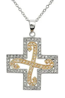 2 Tone CZ Cross 16" Necklace 925 Sterling Silver
