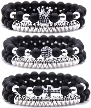 3 Set Micro Pave Zircon Crown King Charm 8mm Beads Bracelet for Men Women His and Hers Couple Bracelet Natural Black Matte Onyx Stone Hematite Beads Elastic Adjustable