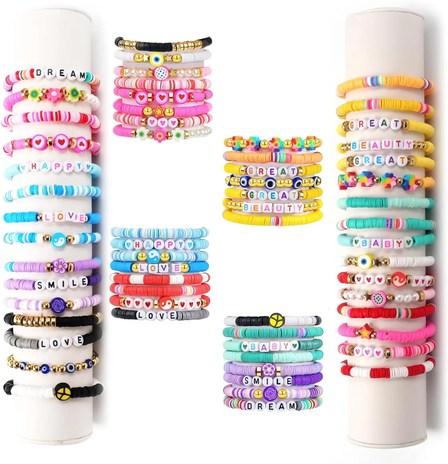 32 Pcs Preppy Bracelets for Women Colorful Clay Bead Surfer Heishi Bracelet Set Stackable Boho Y2K Elastic Friendship Beaded Bracelets Summer Beach Layering Jewelry