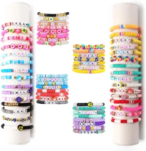 32 Pcs Preppy Bracelets for Women Colorful Clay Bead Surfer Heishi Bracelet Set Stackable Boho Y2K Elastic Friendship Beaded Bracelets Summer Beach Layering Jewelry