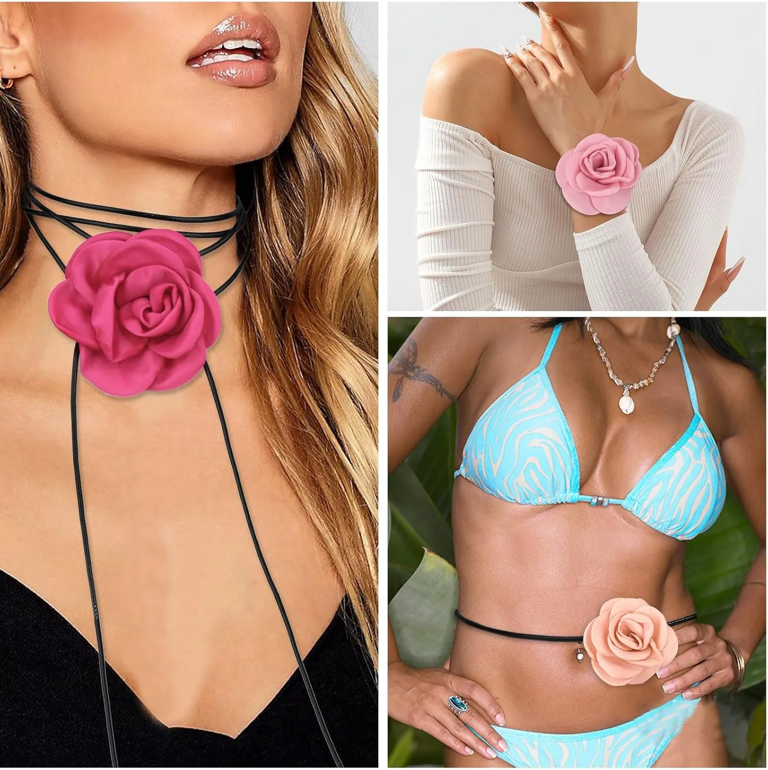3Pc Flower Choker Necklace for Women Girls Rose Choker Flower Collar Necklace for Coquette Wedding Party