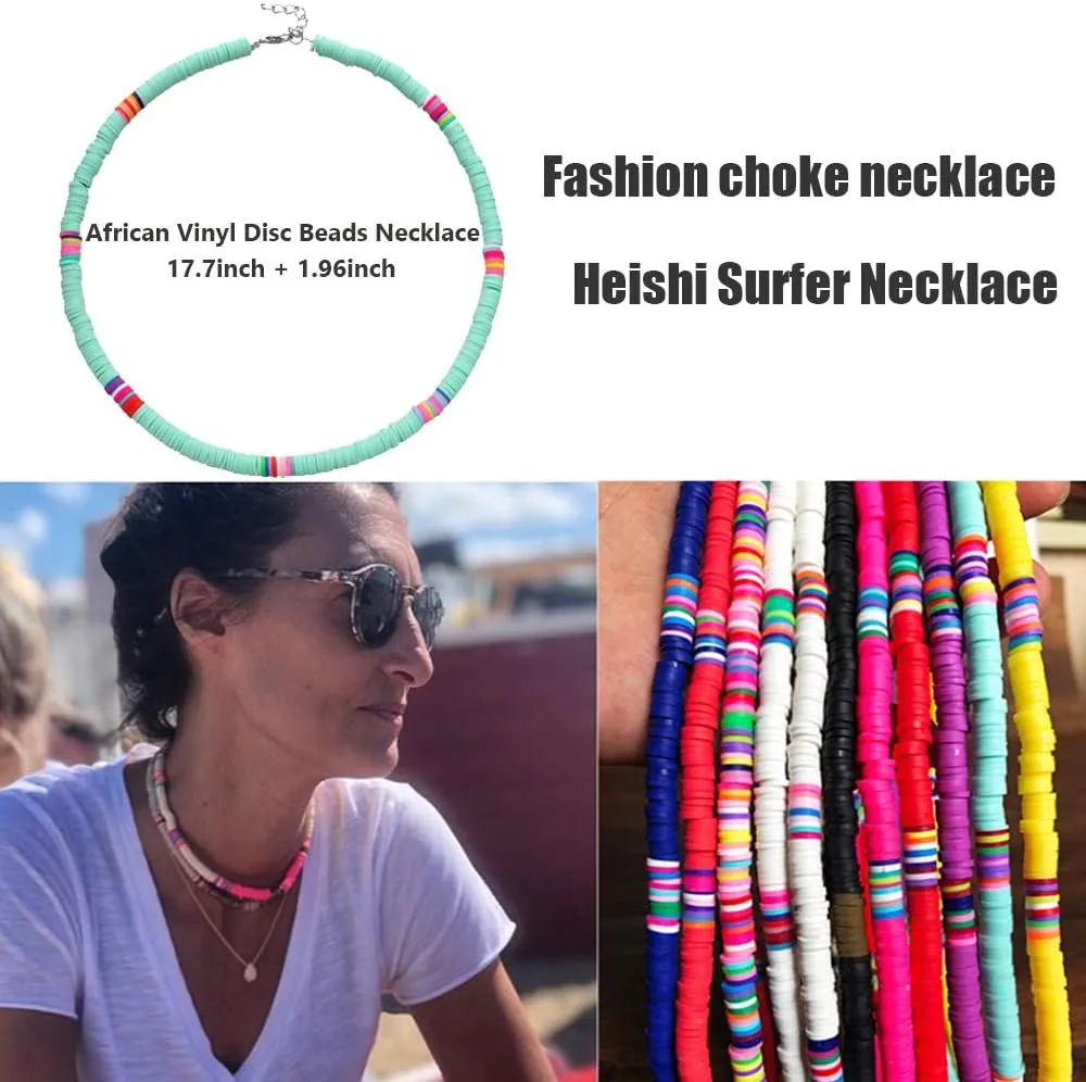 4-7 Pieces Heishi Surfer Choker Necklace for Women Colorful African Vinyl Disc Bead Necklace Bohemian Bead Choker Summer Beach Jewelry for Holidays