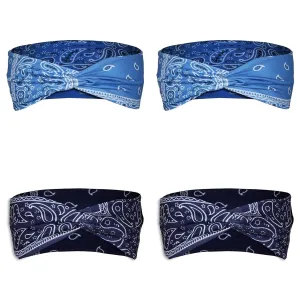 4 PCS Boho Thick Headband For Women Stretchy Wide Hair Band Paisley Pattern Knotted Turban Cotton Hair (2PCS Blue 2PCS Dark Blue-2, S)
