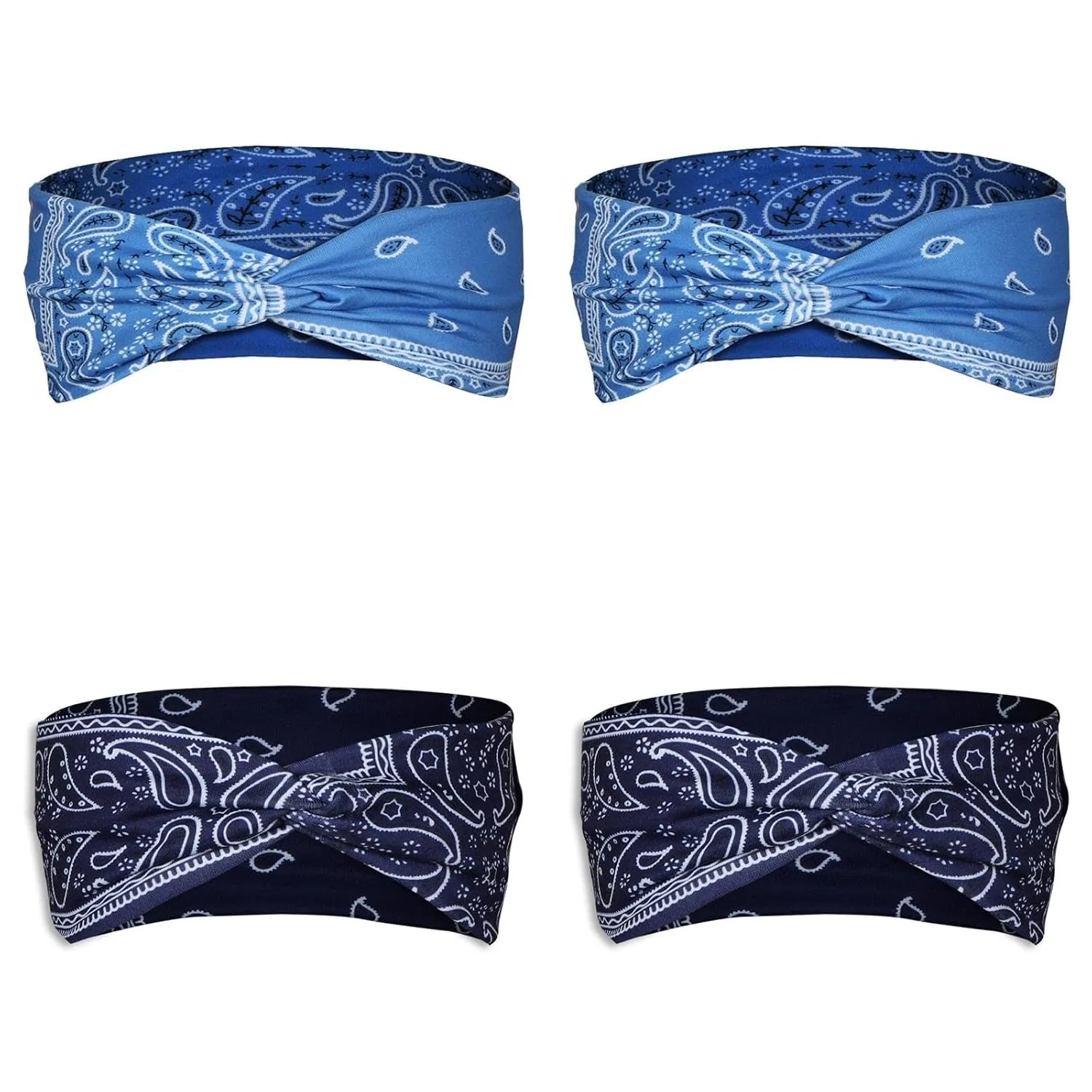 4 PCS Boho Thick Headband For Women Stretchy Wide Hair Band Paisley Pattern Knotted Turban Cotton Hair (2PCS Blue 2PCS Dark Blue-2, S)