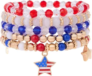 4th of July Bracelets for Women American Flag Patriotic Bracelet Set Red White Blue Independence Day Beaded Bracelets Boho Stretch Beads Bracelets USA Heishi Surfer Charm Bracelet Summer Beach Bracelets Jewelry