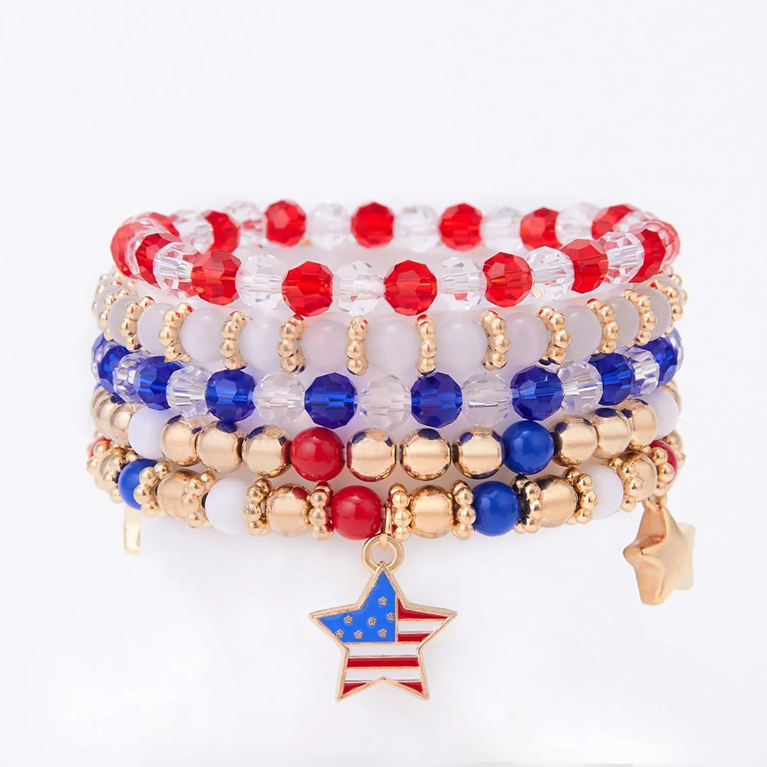 4th of July Bracelets for Women American Flag Patriotic Bracelet Set Red White Blue Independence Day Beaded Bracelets Boho Stretch Beads Bracelets USA Heishi Surfer Charm Bracelet Summer Beach Bracelets Jewelry