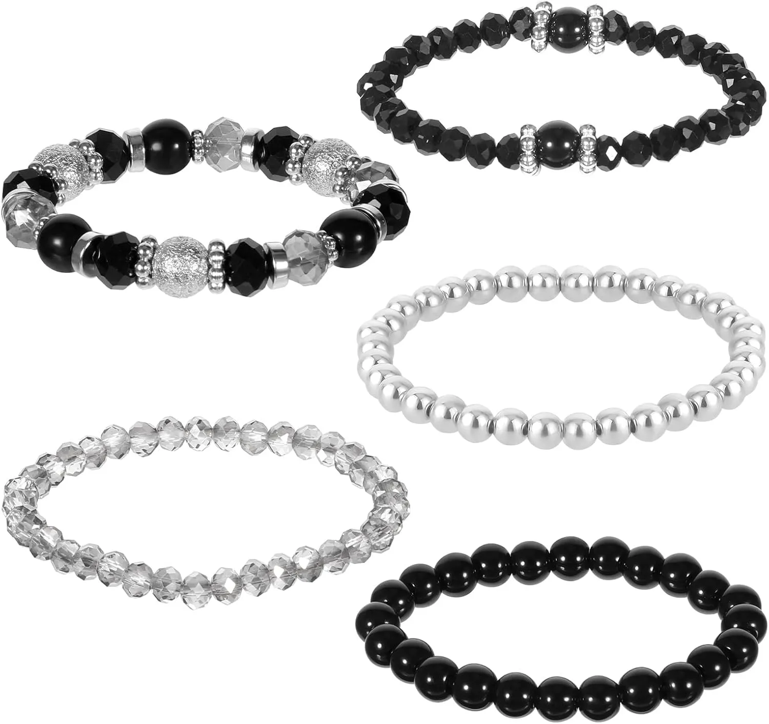 5 Pcs Black Bracelets for Women Beaded Stretch Stackable Bracelets Crystal Bead Bracelet Boho Beaded Bracelets Stretch Layering Crystal Stone Beaded Bracelets Trendy Costume Jewelry Gifts for Women