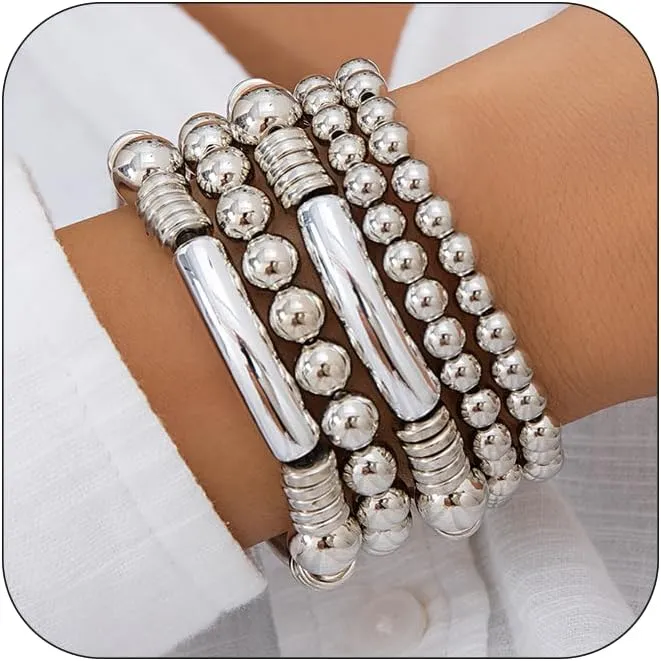 5pcs Layered Beaded Bracelets Set for Women Stackable Beaded Bracelet Stretch Elastic Round Ball Beads Chain Tube Bangle Bracelets Dainty Boho Stretch Bead Ball Bracelet Trendy Jewelry for Women ?