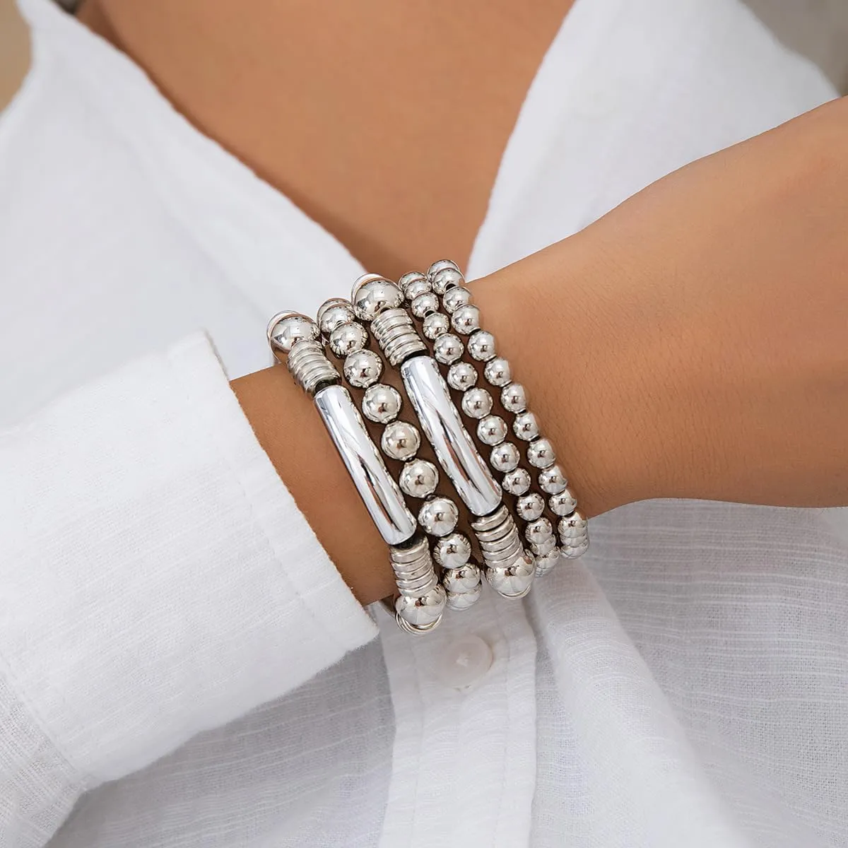 5pcs Layered Beaded Bracelets Set for Women Stackable Beaded Bracelet Stretch Elastic Round Ball Beads Chain Tube Bangle Bracelets Dainty Boho Stretch Bead Ball Bracelet Trendy Jewelry for Women ?