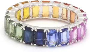 5x3mm Emerald Cut Rainbow sapphire eternity band ring with rainbow gradient in 14k gold | Natural multi sapphire ombre ring rainbow ring