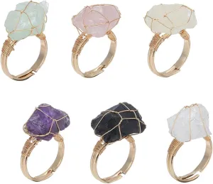6 PCS Chakra Crystal Ring for Women Studs Adjustable Gemstone Irregular Stone Rings for Wedding Casual Wire Wrapped Irregular Crystal Ring Gold for Christmas New Year Gifts Colorful