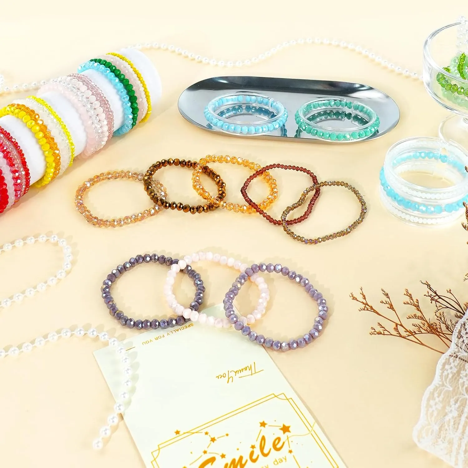 60pcs Crystal Beaded Bracelet Bulk for Women Colorful Beaded Bracelet Boho Multi Layer Stacking Bracelets Stretchy Strand Shiny Crystal Bead Bracelets