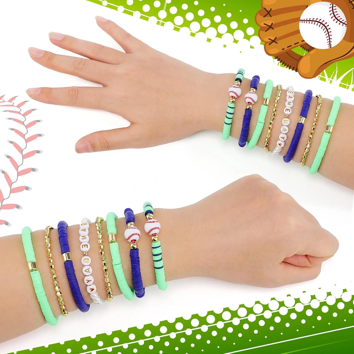 8 Pcs Baseball Game Day Bracelets Mom Bracelets Beaded Stretch Bracelets Stackable Sports Baseball Charm Bracelet Accessories for Women Outfit Jewelry Gifts