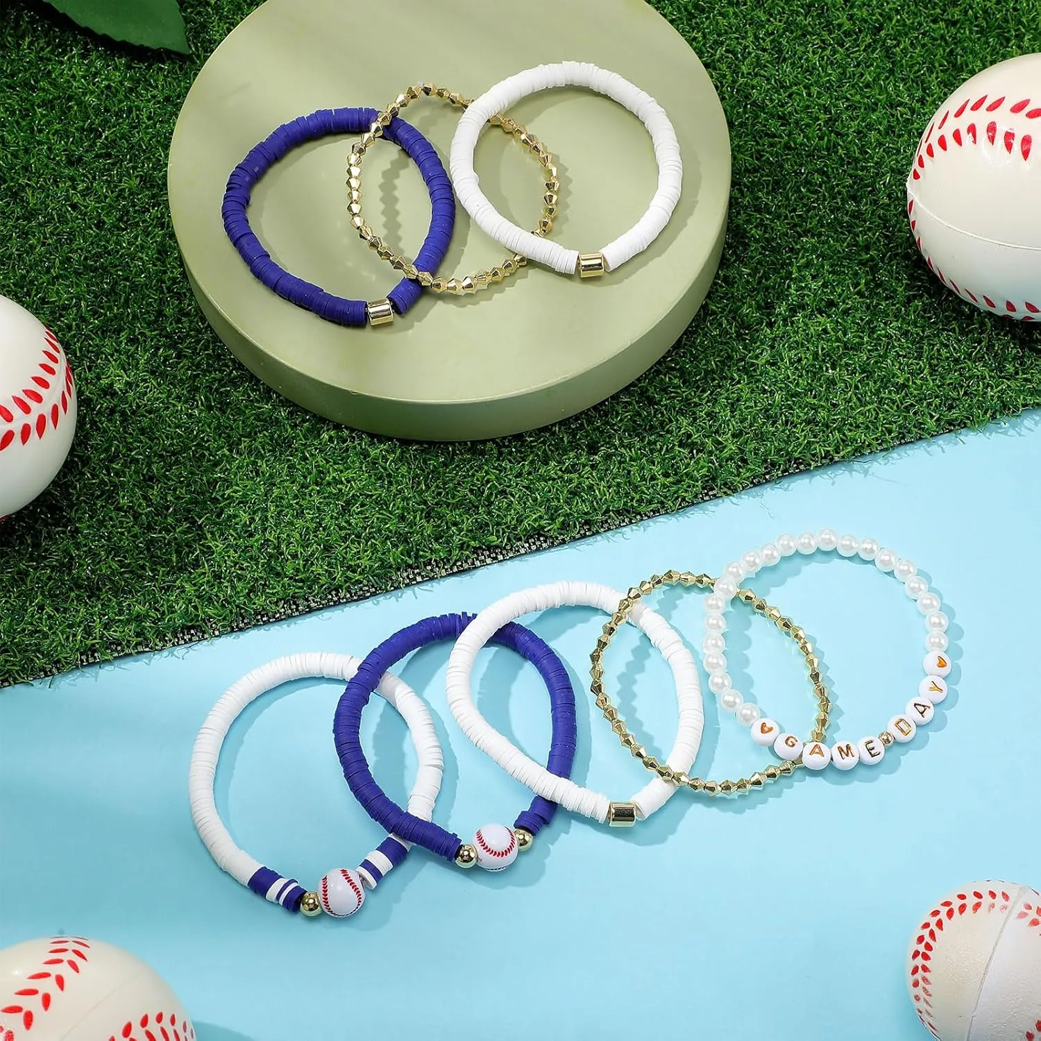 8 Pcs Baseball Game Day Bracelets Mom Bracelets Beaded Stretch Bracelets Stackable Sports Baseball Charm Bracelet Accessories for Women Outfit Jewelry Gifts