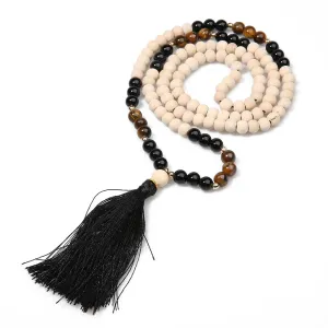 8mm Wooden Beads Yellow Tiger Eyes Black Onyx Beaded Necklace Meditation