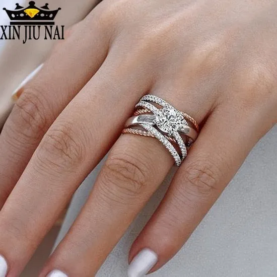 925 Silver AAA Zircon Luxury CUrve Intersection Female Crystal Round Stone Ring Engagement Ring Vintage Party Rings For Women
