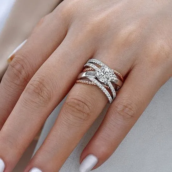 925 Silver AAA Zircon Luxury CUrve Intersection Female Crystal Round Stone Ring Engagement Ring Vintage Party Rings For Women