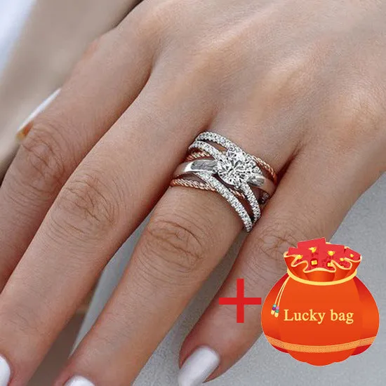 925 Silver AAA Zircon Luxury CUrve Intersection Female Crystal Round Stone Ring Engagement Ring Vintage Party Rings For Women