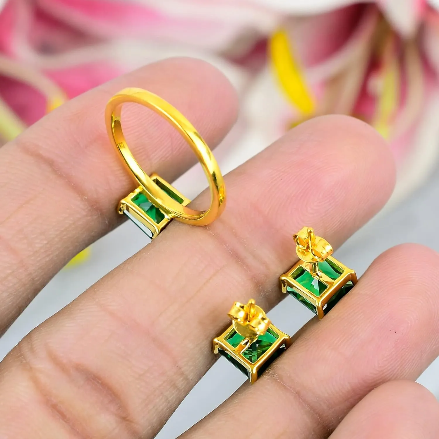 925 Silver Earrings Stud For girls/Emerald Gemstone Jewelry Set/Solitaire Stacking Rings For woman/Designer's Band (Silver, 5.5)