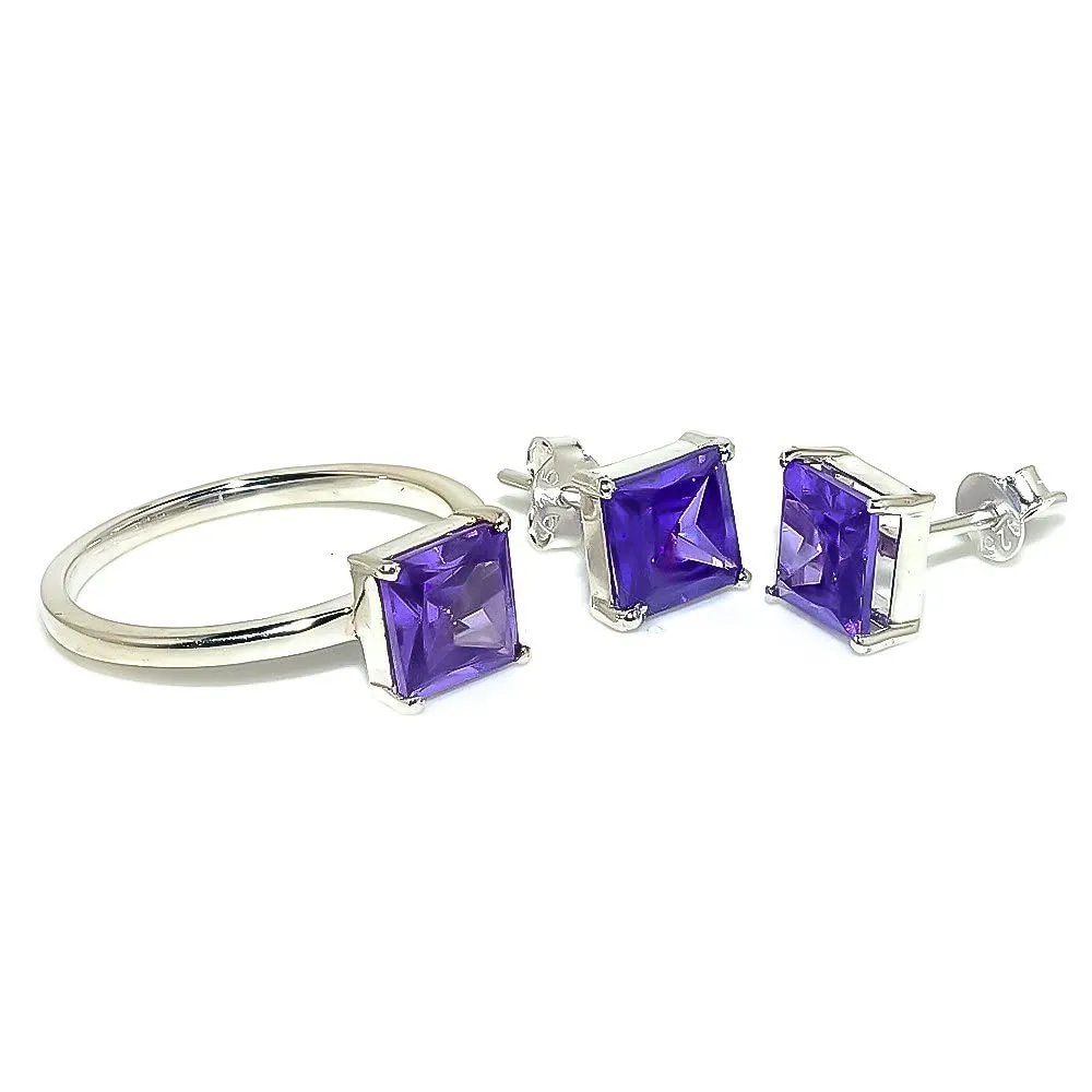 925 Silver Jewelry Set/Amethyst Gemstone Earrings stud for Girls/Solitaire Stacking Rings For woman/Designer's Band (Silver, 8.5)