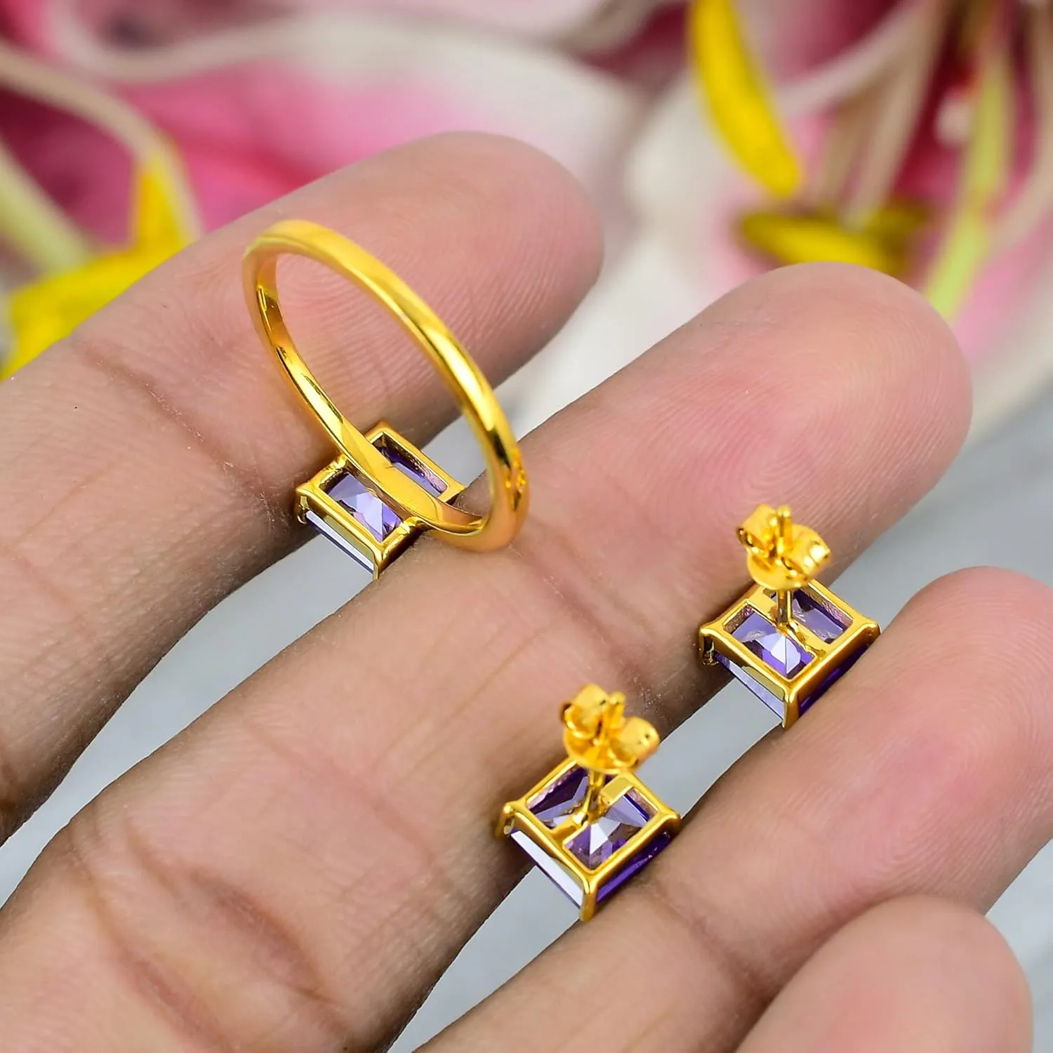 925 Silver Jewelry Set/Amethyst Gemstone Earrings stud for Girls/Solitaire Stacking Rings For woman/Designer's Band (Silver, 8.5)