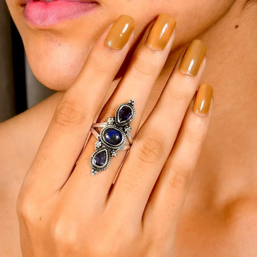 925 Sterling Silver Adjustable Ring - 3 Gemstones Unique Handmade Ring for Women, Statement Jewelry Gift for Her