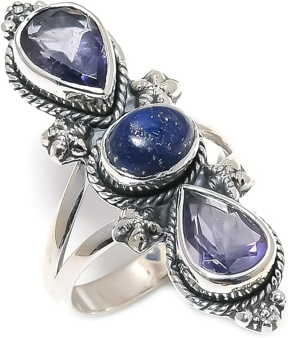 925 Sterling Silver Adjustable Ring - 3 Gemstones Unique Handmade Ring for Women, Statement Jewelry Gift for Her