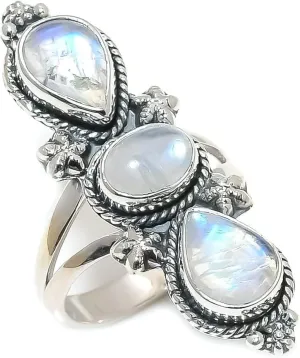925 Sterling Silver Adjustable Ring - 3 Gemstones Unique Handmade Ring for Women, Statement Jewelry Gift for Her