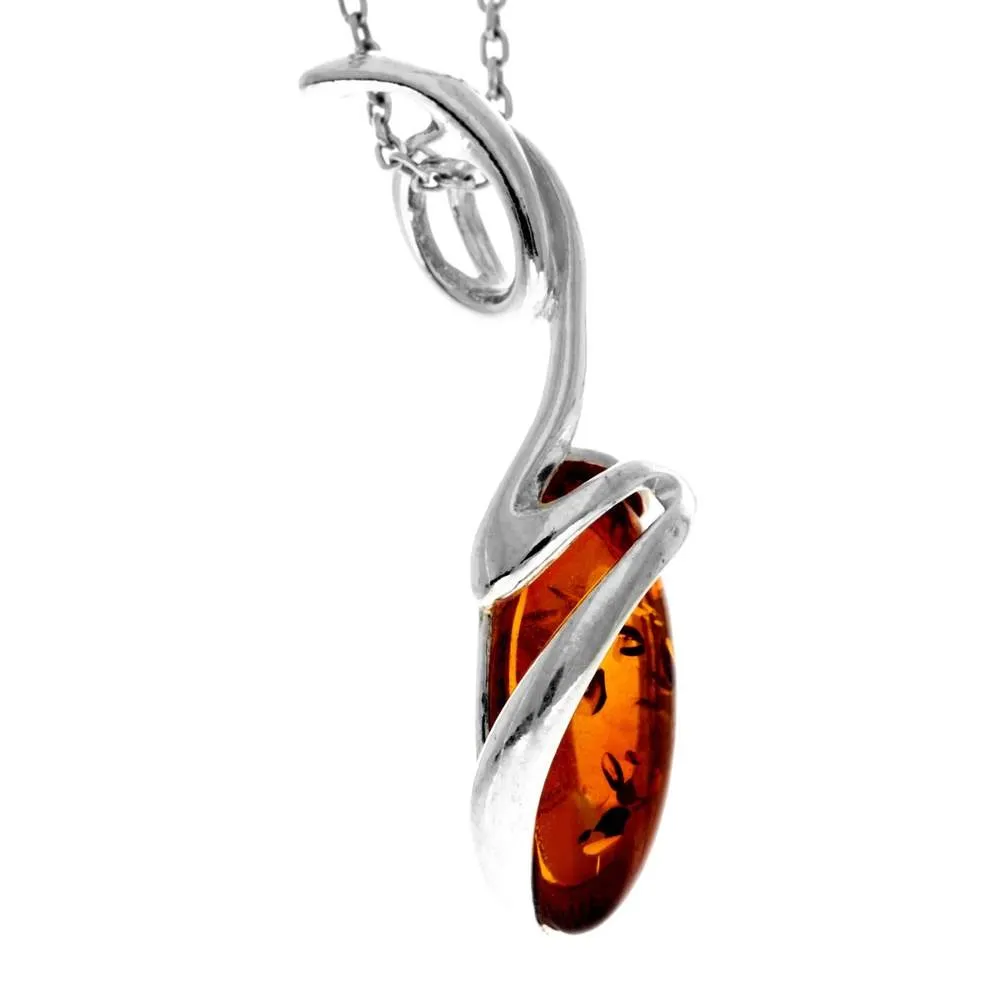 925 Sterling Silver & Genuine Baltic Amber  Modern Oval Pendant - GL226