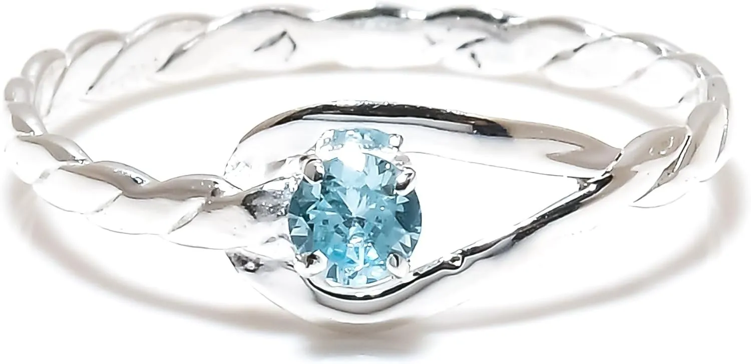 925 Sterling Silver Rings for Womens | Aquamarine Gemstone Signet Ring | Gemstone Solitaire Stacking Rings | Round Shape 4 mm