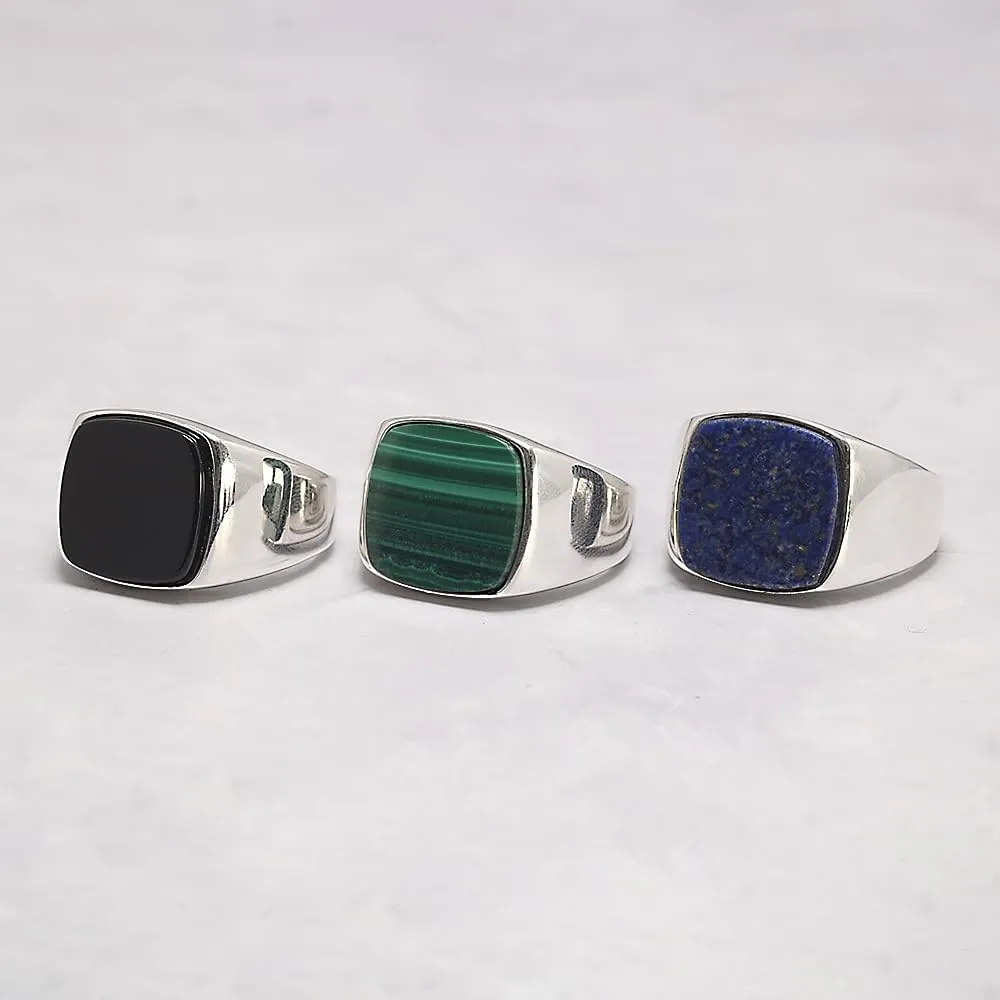 925 Sterling Silver Signet Rings for Men Black Onyx/Lapis Lazuli/Malachite Square Gemstone Turkish Ring Handmade Jeweley Size 7-13