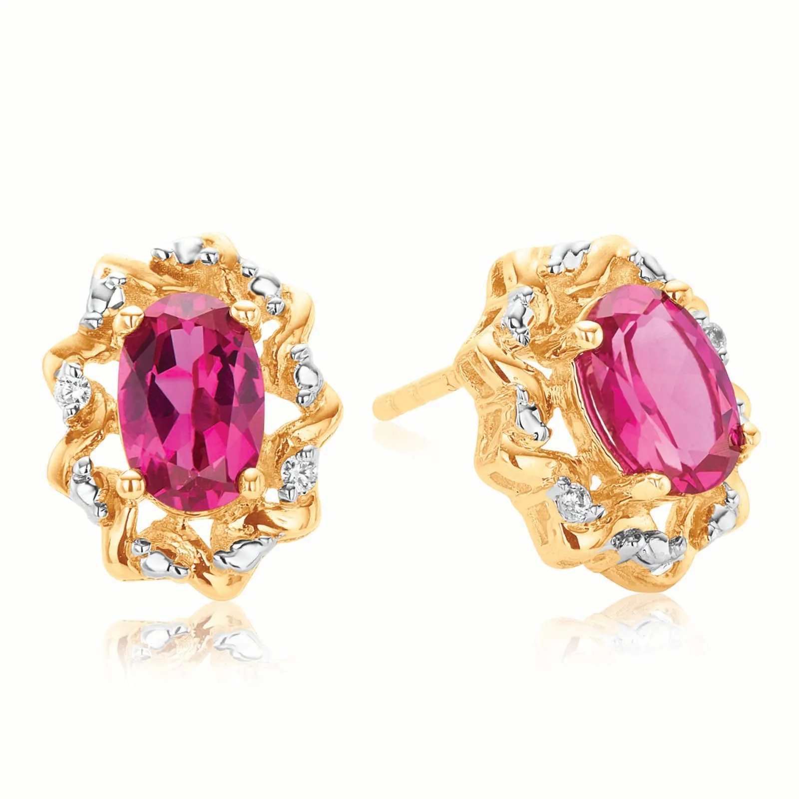 9ct Yellow Gold Oval Cut 6X4mm Created Ruby & Diamond Set  Stud Earrings