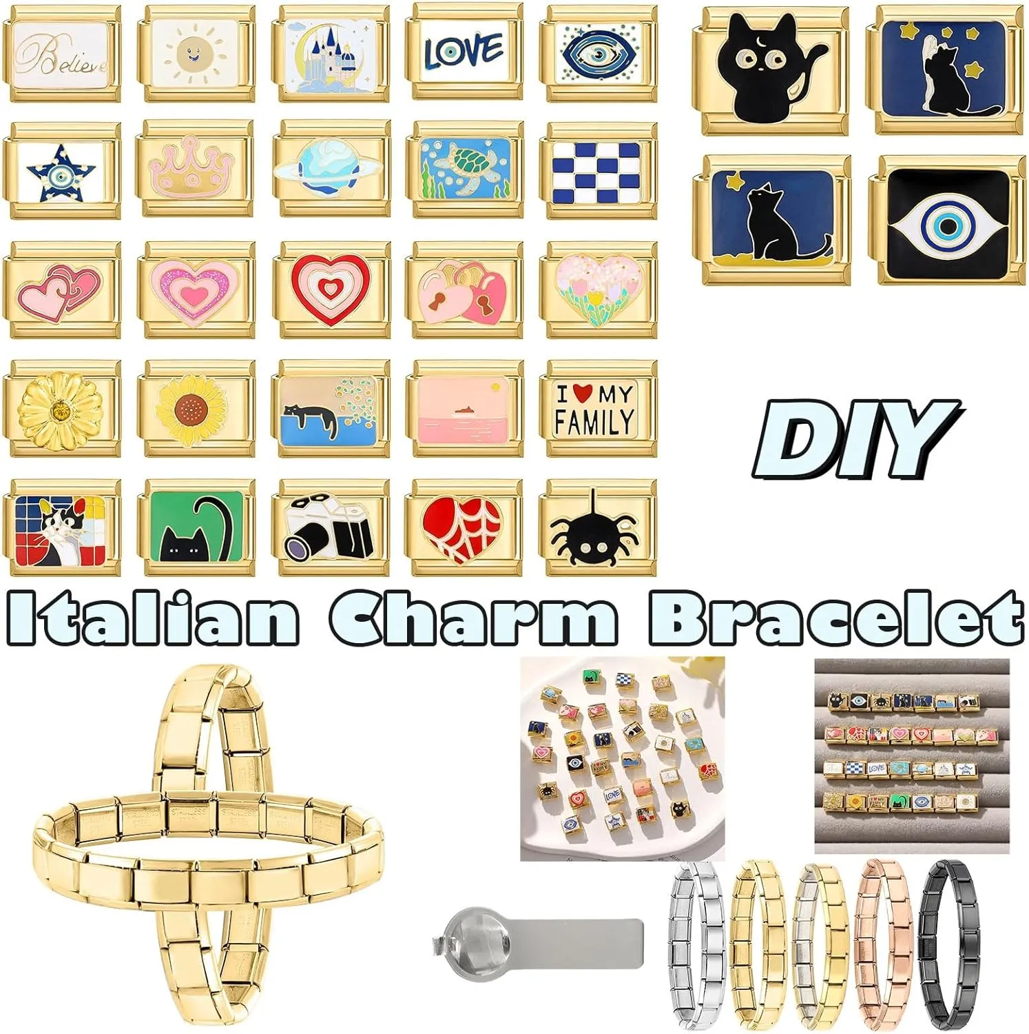 9mm Italian Charms, Gold Italian Charm Bracelet Link for Women, Handmade Bracelet DIY Module Italian Charm Necklaces Anklet Jewelry Gifts