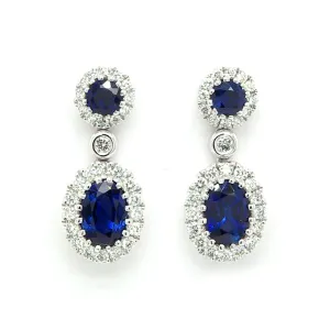 A Pair of 18ct White Gold, Sapphire and Diamond Cluster Drop Earrings