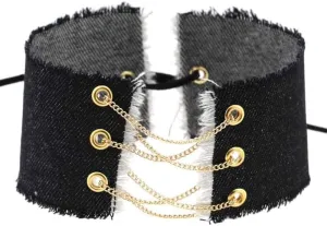 Adjustable Women Denim Choker Necklace Handmade Costume Cosplay Nightclub Punk Chain Neck Collar Choker