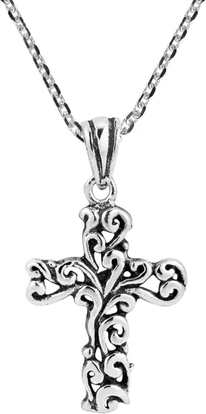 AeraVida Detailed Filigree Swirl Cross .925 Sterling Silver Dangle Necklace | Filigree Cross Necklace for Women | Sterling Cross Necklace for Women | Swirl Cross Dangle Necklace