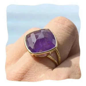 Amethyst Ring, Square Amethyst Crystal Ring for Women, February Birthstone Ring Adjustable Gold Purple Ring for Amethyst Jewelry (amethyst)