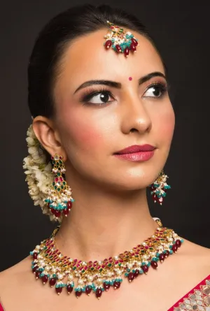 Anika Navratan Kundan Choker Set With Earrings & Mangtikka